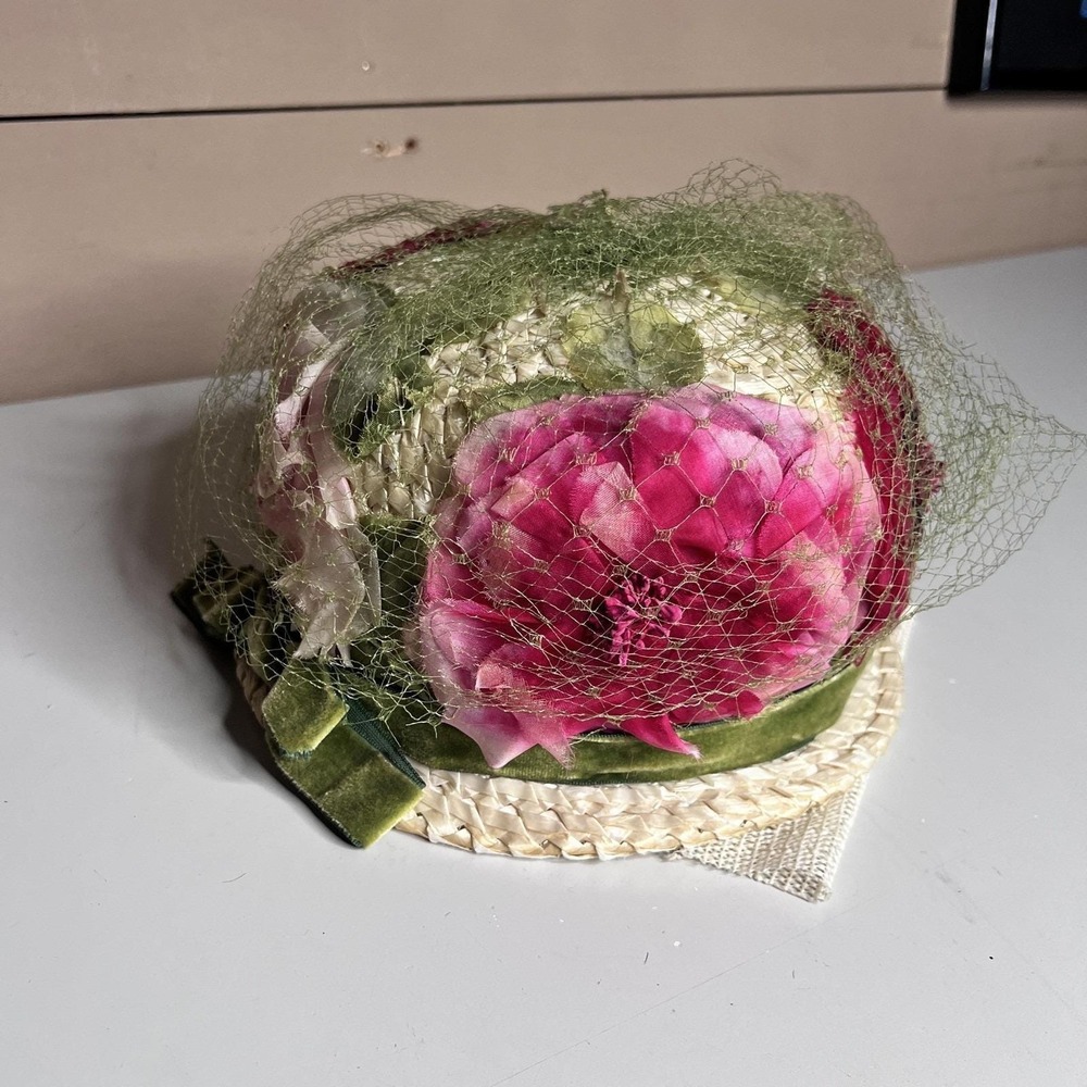 Vintage Floral Fascinator Hat Womens 7 Multicolor Straw Veil Velvet Bow Netting